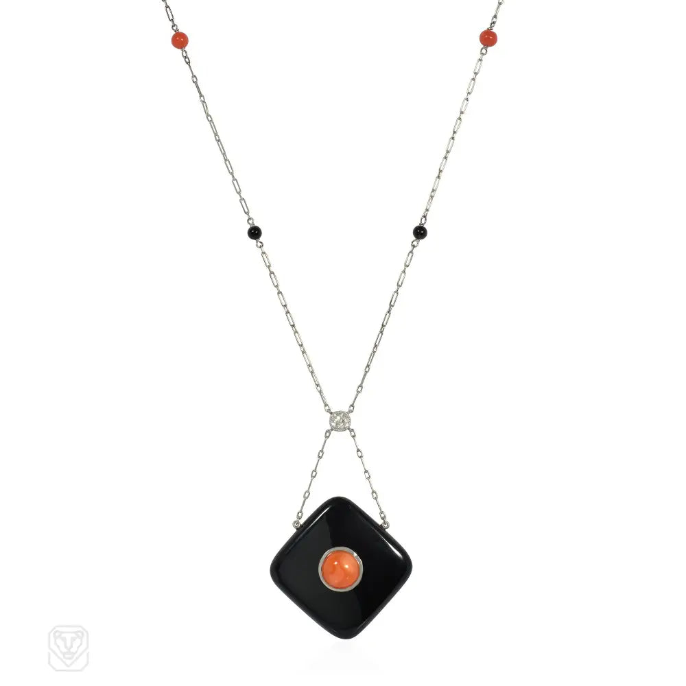 Art Deco onyx, coral, and diamond pendant necklace – Kentshire