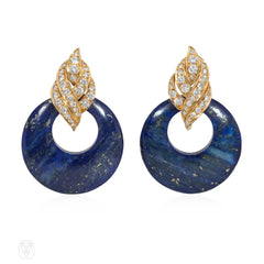 1950s Pery et Fils diamond, lapis, and gold doorknocker earrings