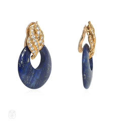 1950s Pery et Fils diamond, lapis, and gold doorknocker earrings