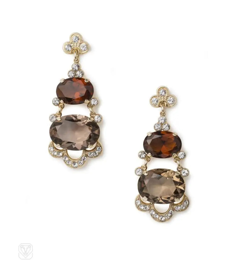 2 - Stone Smoky Quartz And Swarovski Crystal Earrings