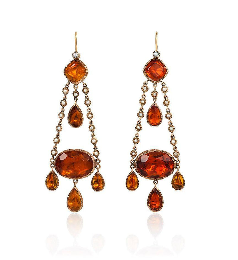 A pair of antique gold chandelier earrings of citrine paste and seed pearl chain