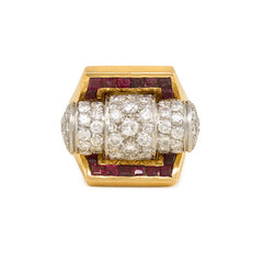 Retro gold, pavé diamond, and calibré ruby ring