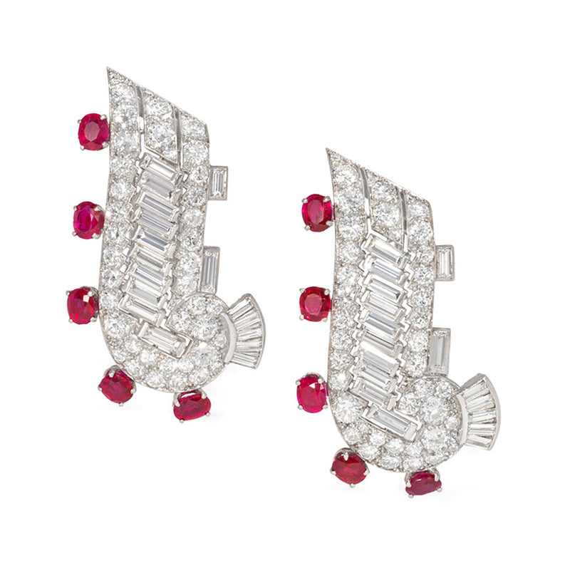 Pair of Art Deco diamond and ruby dress clip brooches