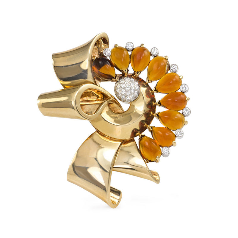 Retro citrine and diamond bow brooch