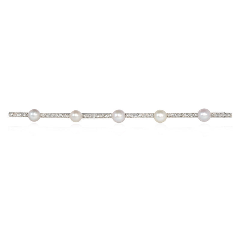 French Art Deco diamond and pearl bar brooch