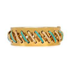 Antique gold, turquoise and pearl cuff bracelet