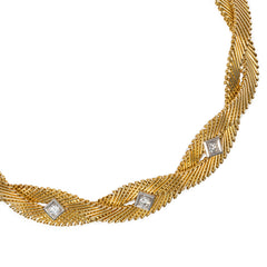 Mid-century gold wire twist necklace with diamonds