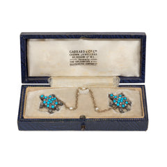 Pair of antique turquoise and diamond turtle brooches