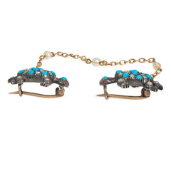 Pair of antique turquoise and diamond turtle brooches