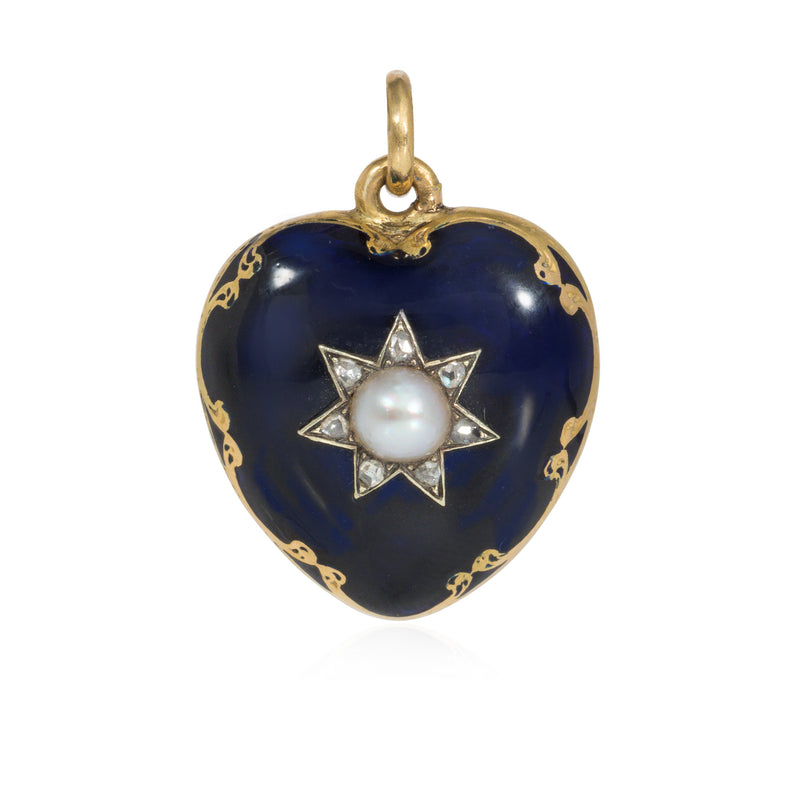 Antique enamel, pearl and diamond heart pendant