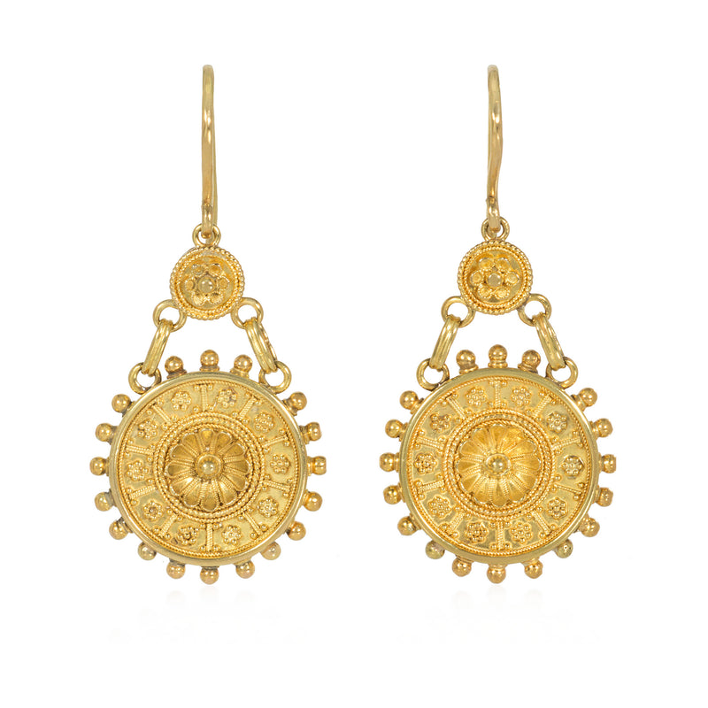 Antique etruscan style gold disc pendant earrings, in 18k.