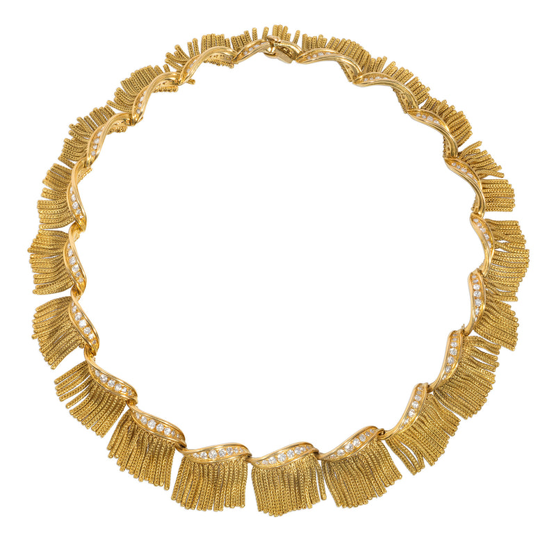 French mid-century gold and diamond fringe necklace