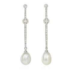 French Art Deco natural pearl and diamond pendant earrings