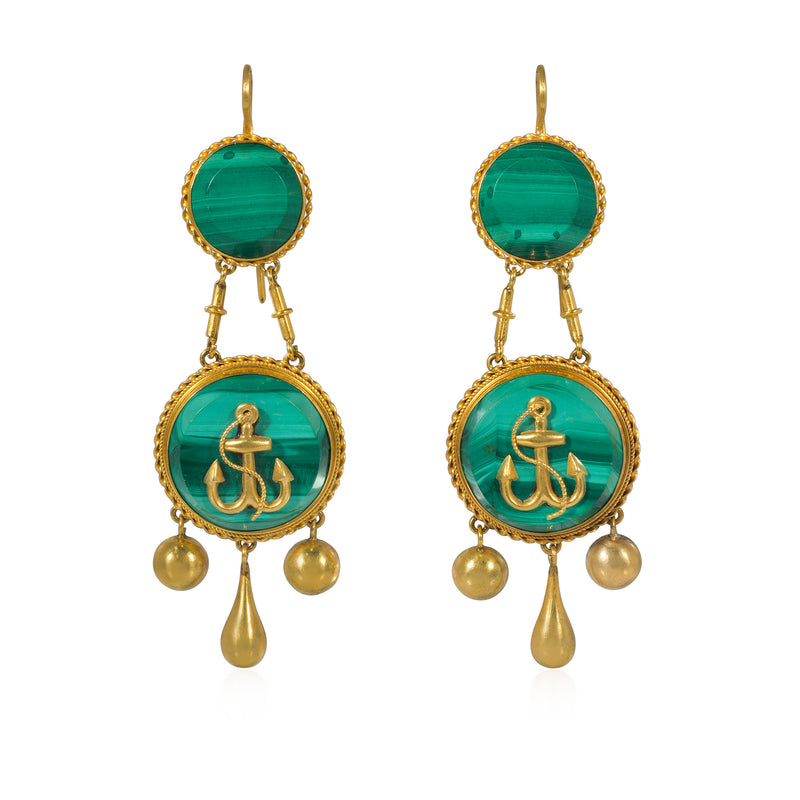 French antique nautical gold and malachite earrings