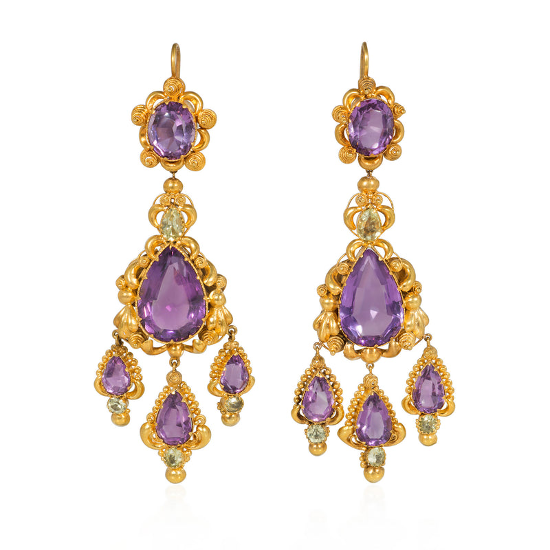 Antique amethyst and chrysolite pendant earrings