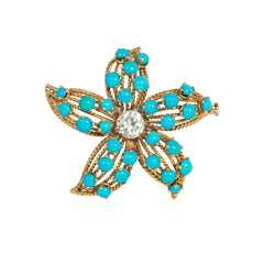 French Mid-century turquoise and diamond flower brooch