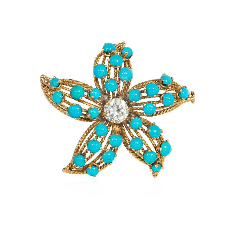 French Mid-Century turquoise and diamond flower brooch