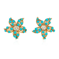 French mid-century turquoise and diamond flower earrings