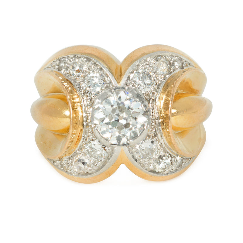 Retro french gold and diamond "X" cocktail ring