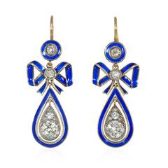 Antique Russian diamond and enamel bow earrings