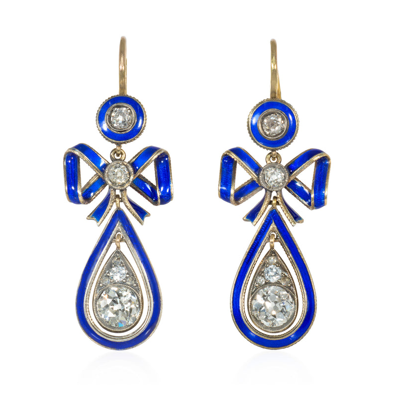 Antique Russian diamond and enamel bow earrings