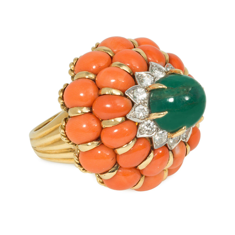 Mid-Century emerald, coral, and diamond cocktail ring