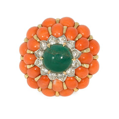 Mid-Century emerald, coral, and diamond cocktail ring