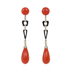 Art Deco French coral, enamel, and diamond earrings