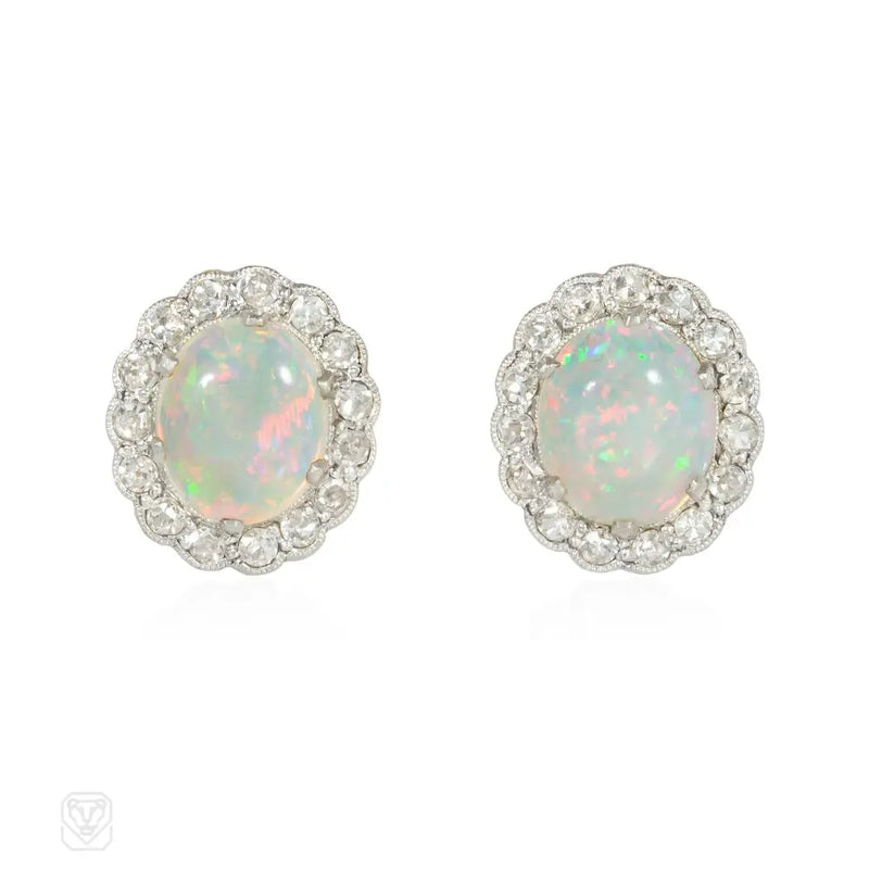 A pair of Edwardian opal and diamond cluster earrings in pl...