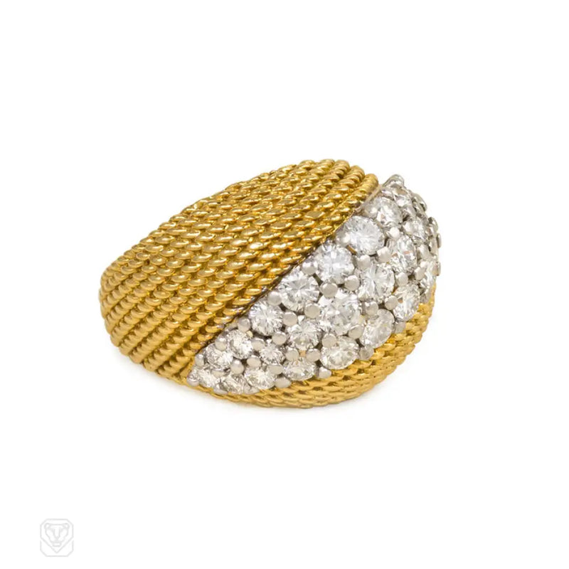 A Ropetwist Gold And Pavé Diamond Bombé Ring In 18K.