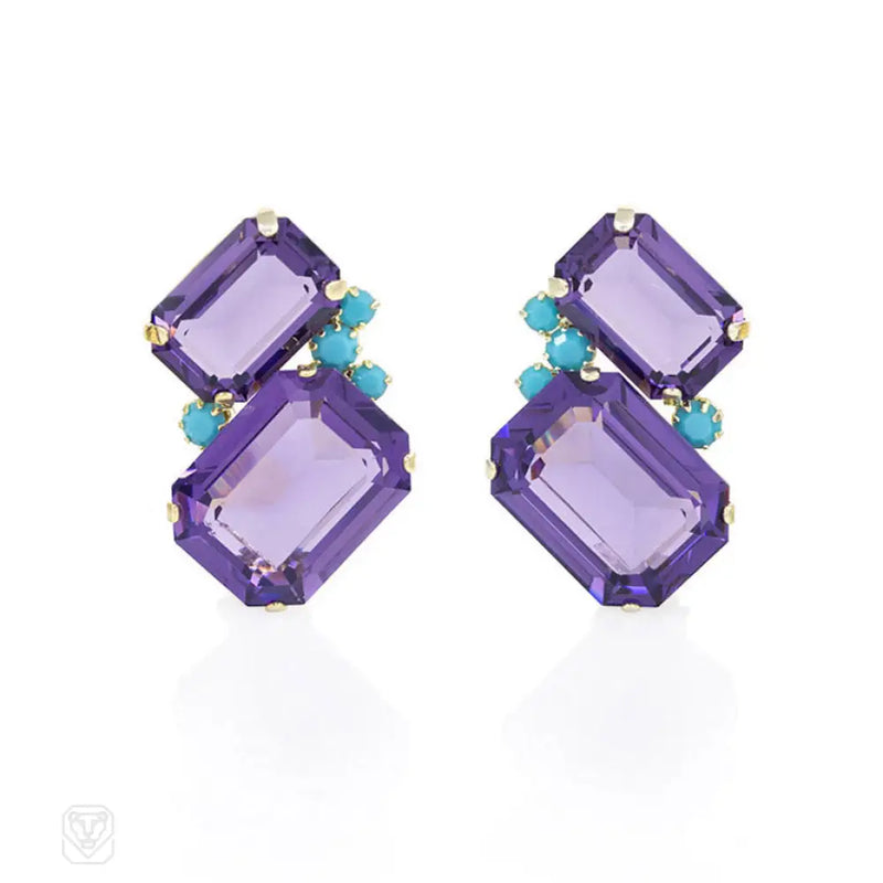 Amethyst And Turquoise Swarovski Clip Earrings