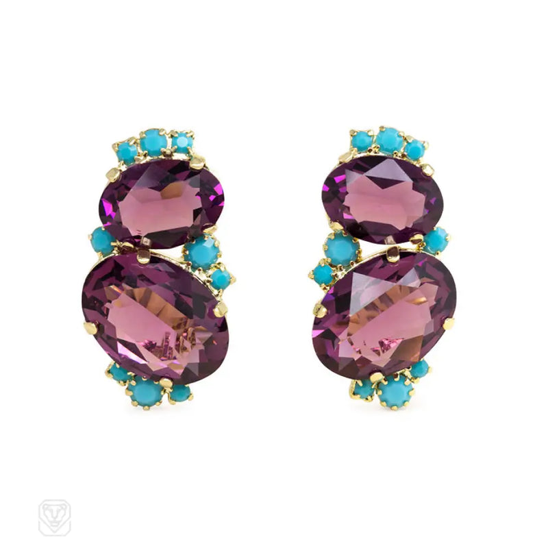 Amethyst And Turquoise Swarovski Crystal Earclips