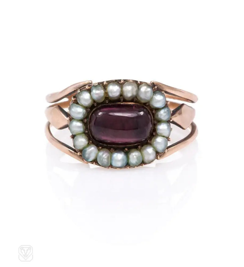 An Antique Half Pearl And Garnet Cluster Ring In 18K.