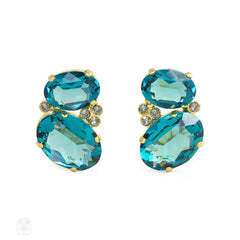 Angled two-stone indicolite crystal earclips