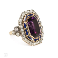 Antique amethyst, diamond and enamel Bishop's ring