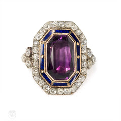 Antique amethyst, diamond and enamel Bishop's ring