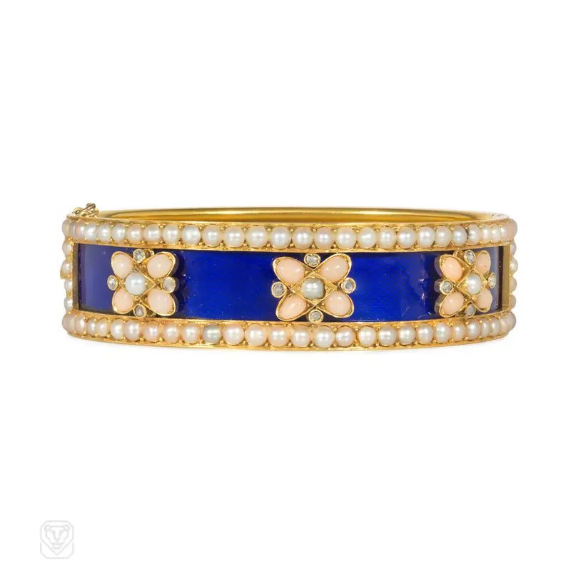 Antique Blue Enamel Pearl And Angelskin Coral Bracelet