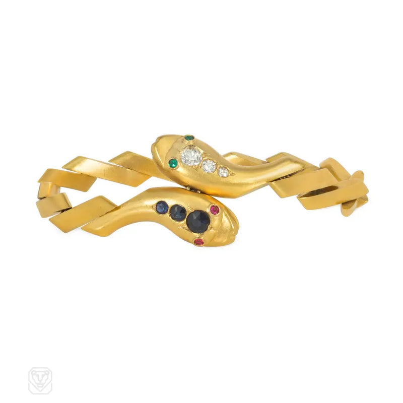 Antique bypass gold and gemset snake bracelet