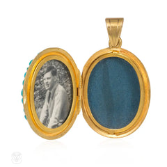 Antique diamond and turquoise oval locket