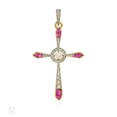 Antique diamond, ruby, and pearl cross