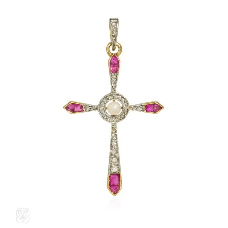 Antique Diamond Ruby And Pearl Cross