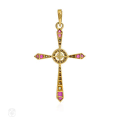 Antique diamond, ruby, and pearl cross