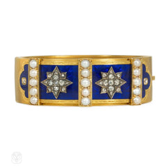 Antique enamel, pearl and diamond cuff bracelet