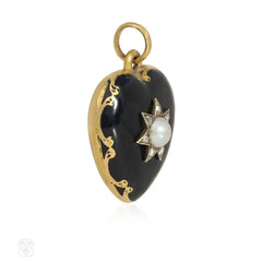 Antique enamel, pearl and diamond heart pendant