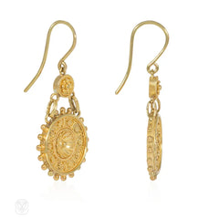 Antique etruscan style gold disc pendant earrings, in 18k.