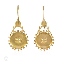 Antique etruscan style gold disc pendant earrings, in 18k.