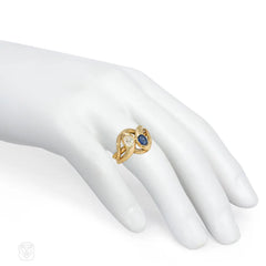 Antique French diamond and sapphire double snake ring