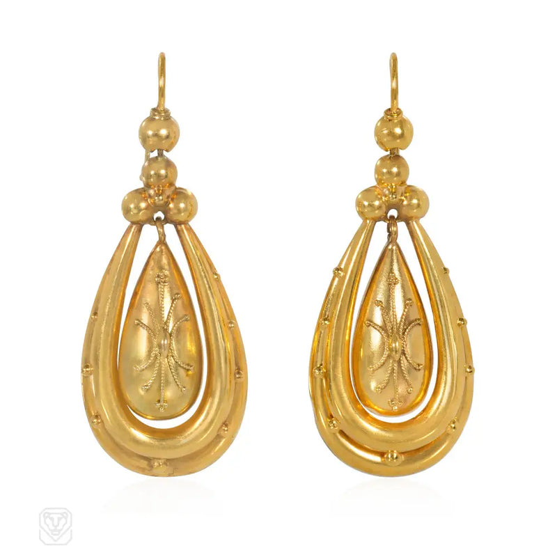 Antique gold double-drop frame earrings