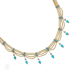 Antique gold, turquoise and diamond festoon necklace