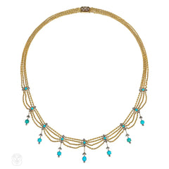 Antique gold, turquoise and diamond festoon necklace